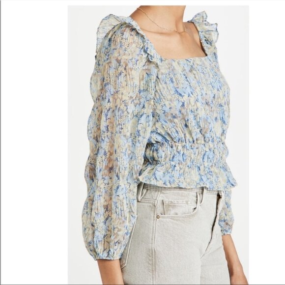 ASTR The Label  Elva Floral Long Ruffle Sleeve Square Neck Blue Taupe blouse LG - Picture 5 of 16